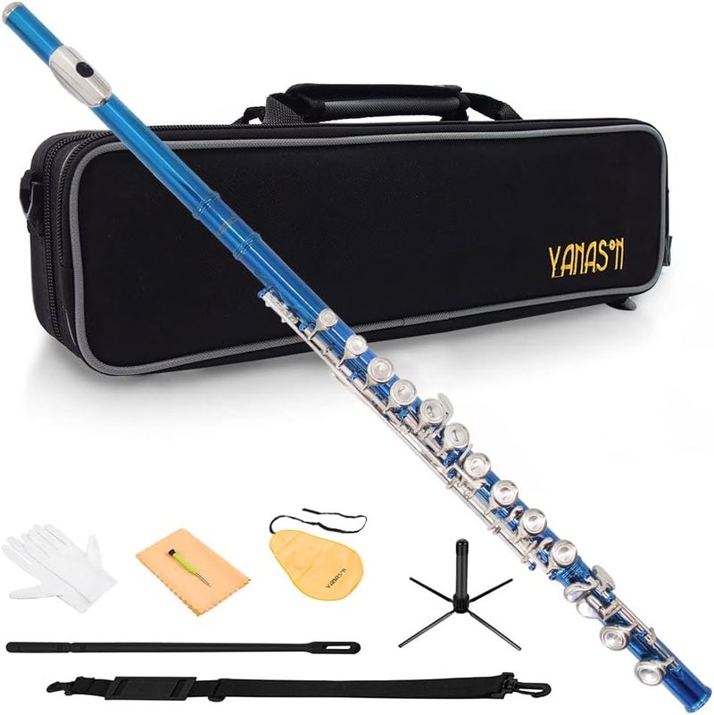 YANASON Blue C Flute Closed Hole 16 Keys Flute Nickel-Plated for Beginner, Student and Professionals with Carrying case, Metal stand, Gloves, Tuning Rod, Cleaning kit(Blue) - Image 1